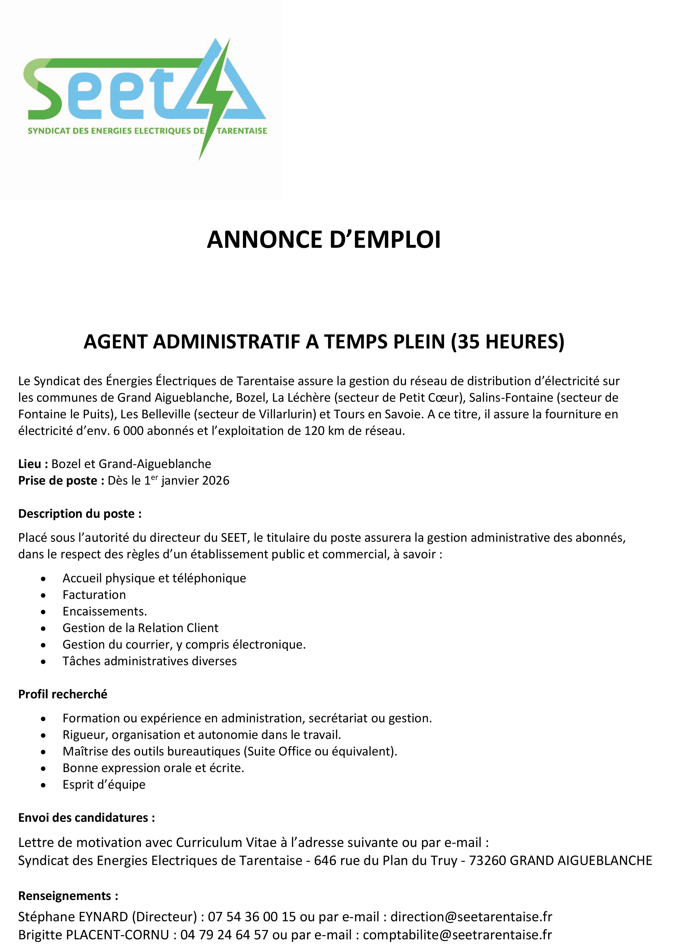 ANNONCE EMPLOI SEET AGENT ADMINISTRATIF
